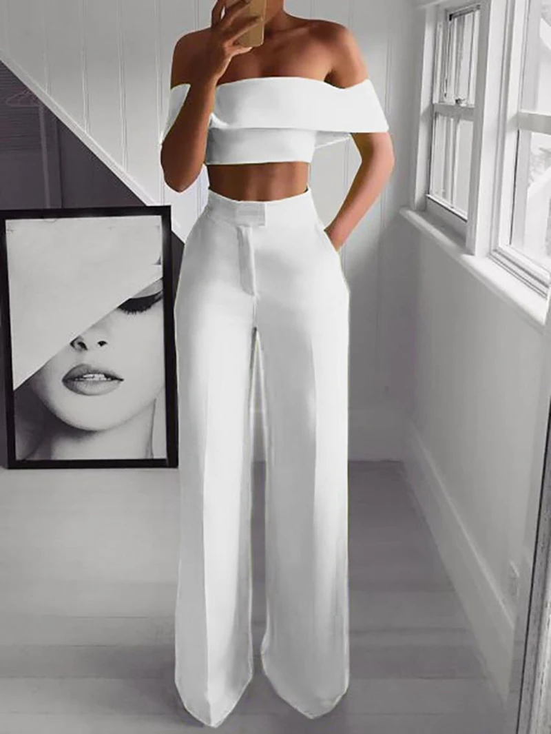 

STYLISH LADY Elegant OL 2 Piece Set Women Off the Shoulder Slash Neck Crop Top and Pant Suits 2025 Autumn Party Sporty Tracksuit