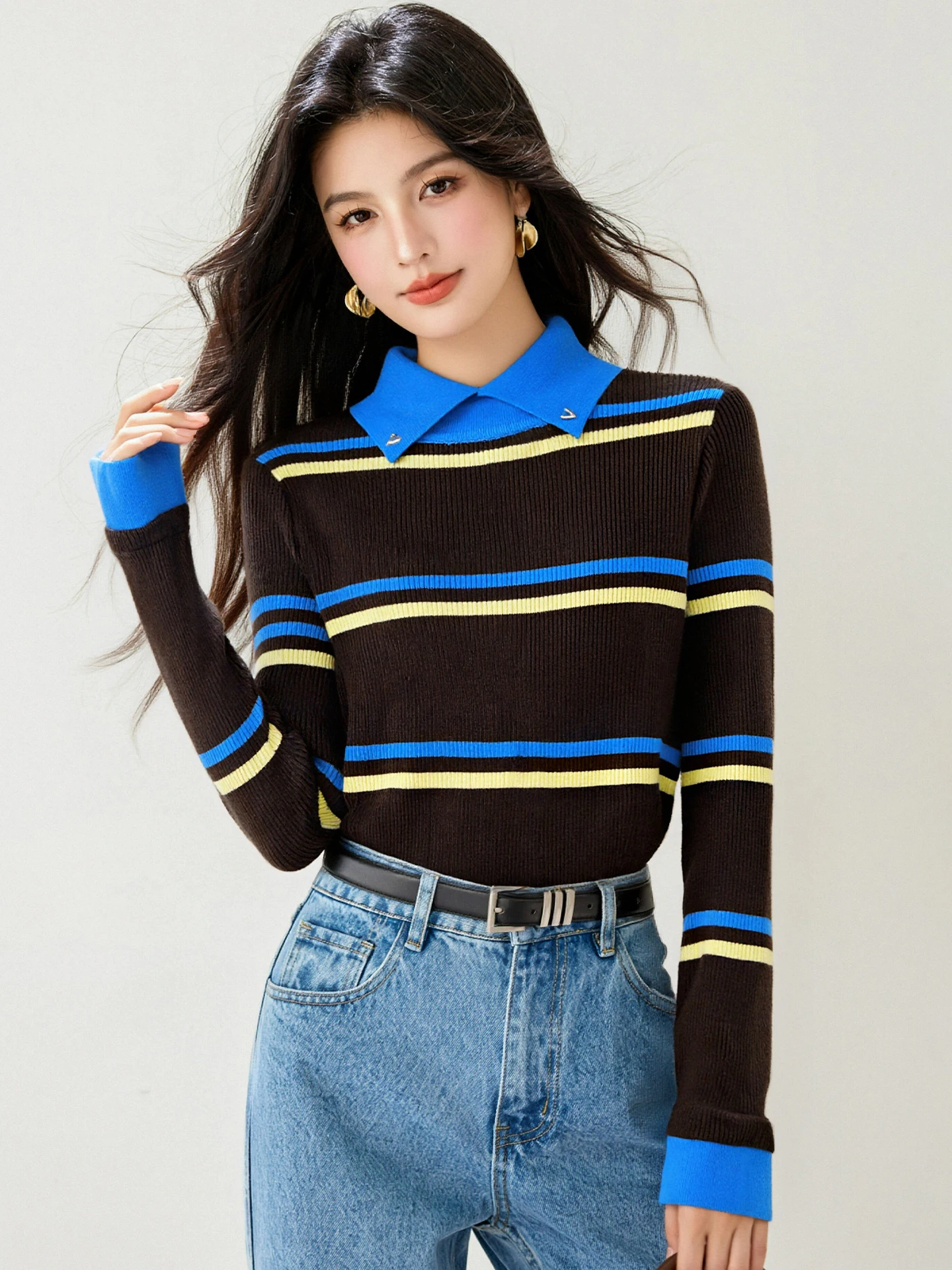 

2025 Autumn/Winter Design Sense Patchwork Color-Blocking Striped Lapel Long-Sleeved Knitted Sweater Pullover