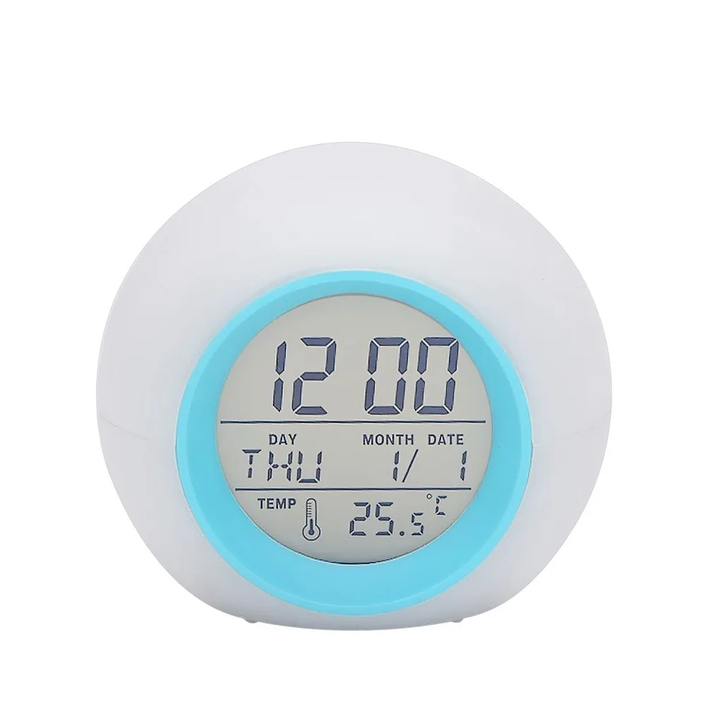 7 Colors Changing LED Alarm Clock Temperature Display Touch Control Multifunctional Desk Clock Round Shape with Sleep Sounds