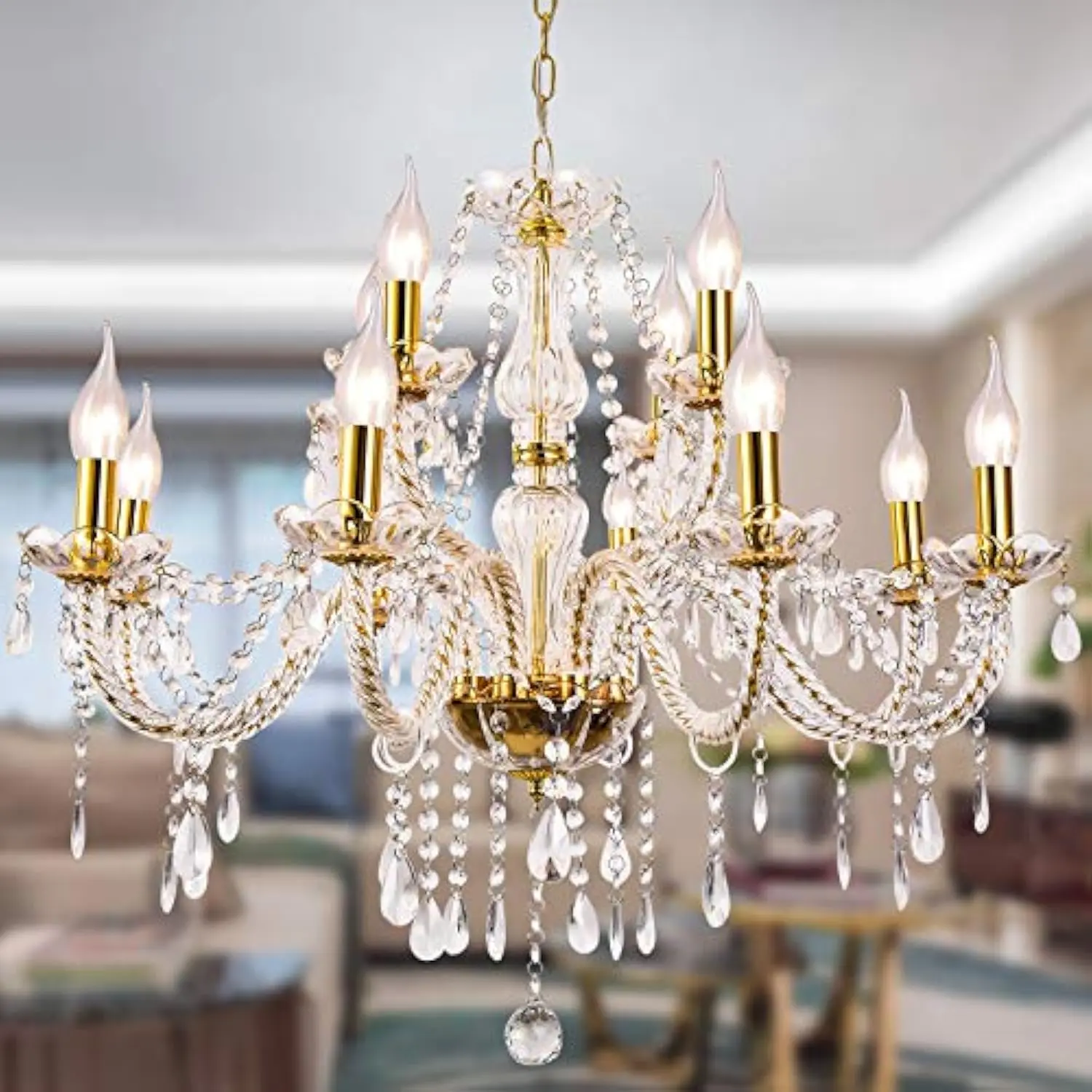 

Modern Luxurious Candle Gold Crystal Chandelier, 12 Lights K9 Modern Crystal Chandelier for Dining Room, Pendant Lamp Ceiling L