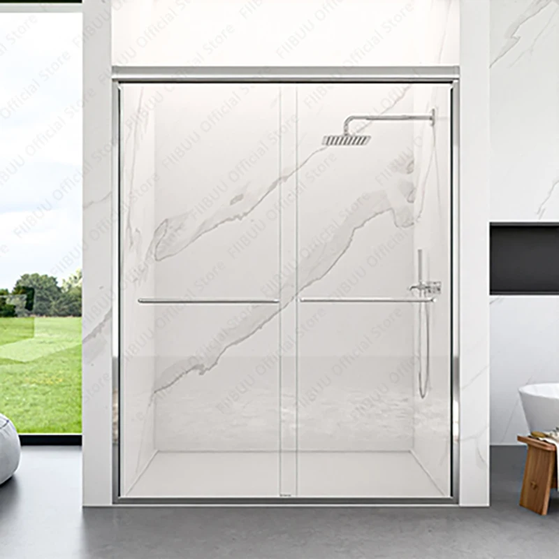 Double Sliding Bypass Sliding Shower Door with Tempered Glass Smooth Rollers Waterproof for Bathroom Semi-Frameless Enclosure