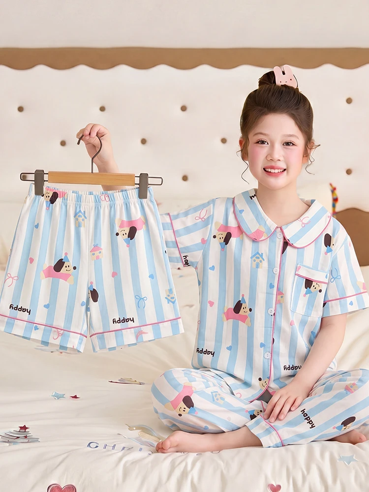 夏子供用綿シルク寝間着薄いプリンセススタイルベビーエアコンガールホーム服セット通気性速乾性