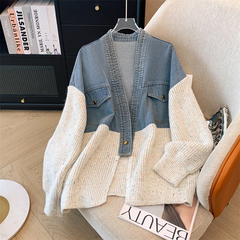 Fat mm200 Pounds Vintage Denim Patchwork Sweater Coat ins Fashion Woman 2024 Autumn and Winter Thickened Loose Niche Cardigan