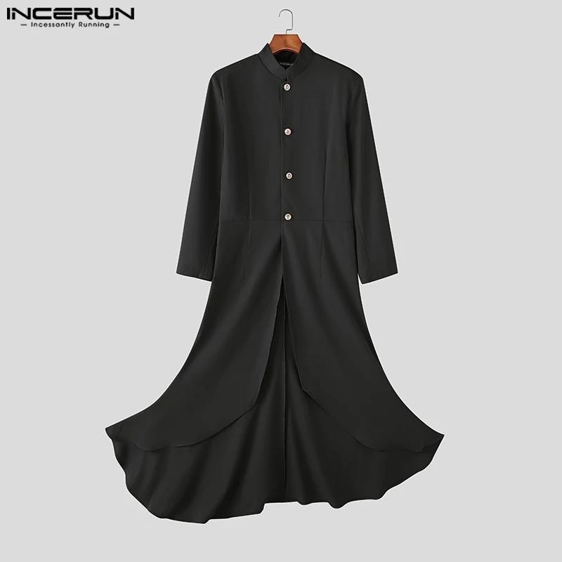 

INCERUN Men Long Style Blazer Solid Stand Collar Long Sleeve Button Casual Male Suit Streetwear 2025 Fashion Ruffle Thin Coats