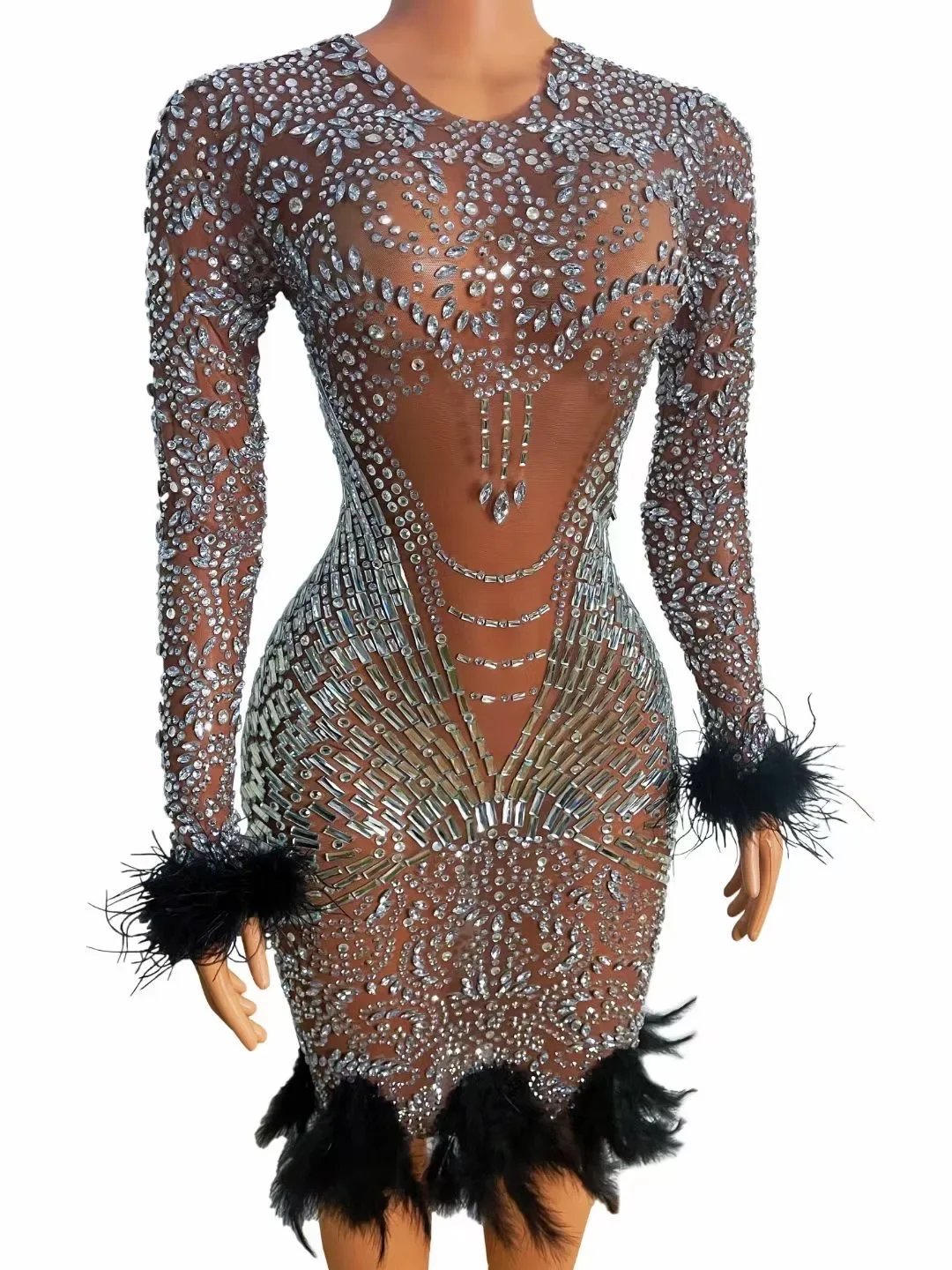 

Shining Rhinestones Sexy Long Sleeves With Feathers Dress For Women Evening Party Birthday Clothing Singer Stage Dance Wears