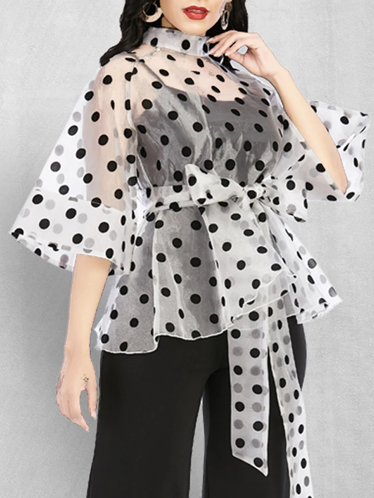 Weiß Polka Dot Schößchen Bluse für Frauen Halb Flare Ärmel Taille Gürtel Fadenscheinigen Sehen Durch Sexy Dünne Transparente Tops Shirt herbst