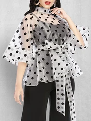 White Polka Dot Peplum Blouse for Women Half Flare Sleeves Waist Belt Flimsy See Through Sexy Thin Transparent Tops Shirt Autumn