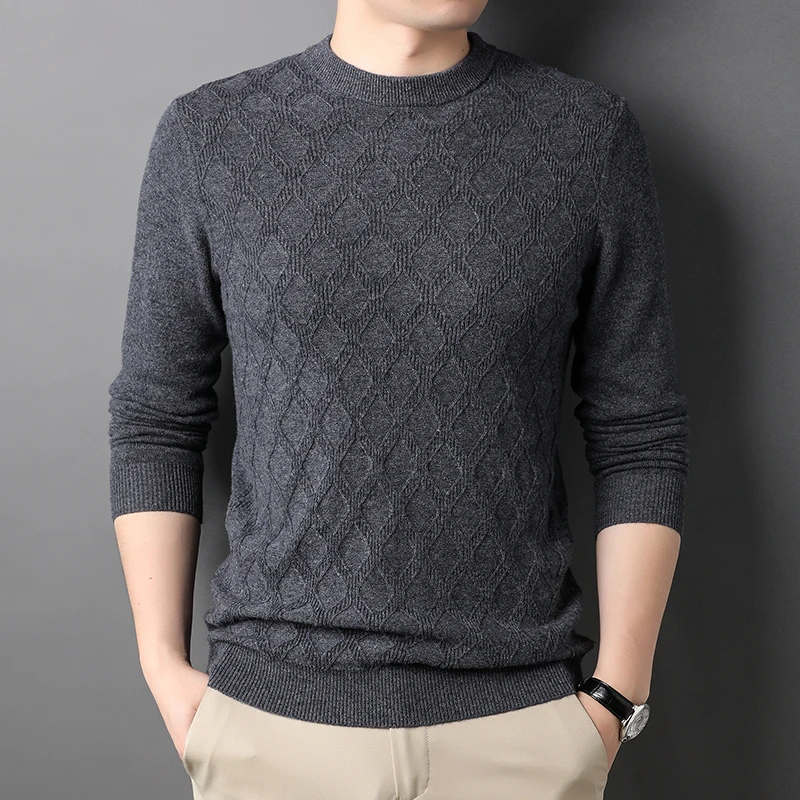 New 100% Wool Argyle Pullover Men's Sweaters Luxury Long Sleeve Round Collar Computer Knitted Spring Autumn Male Sweaters 4XL