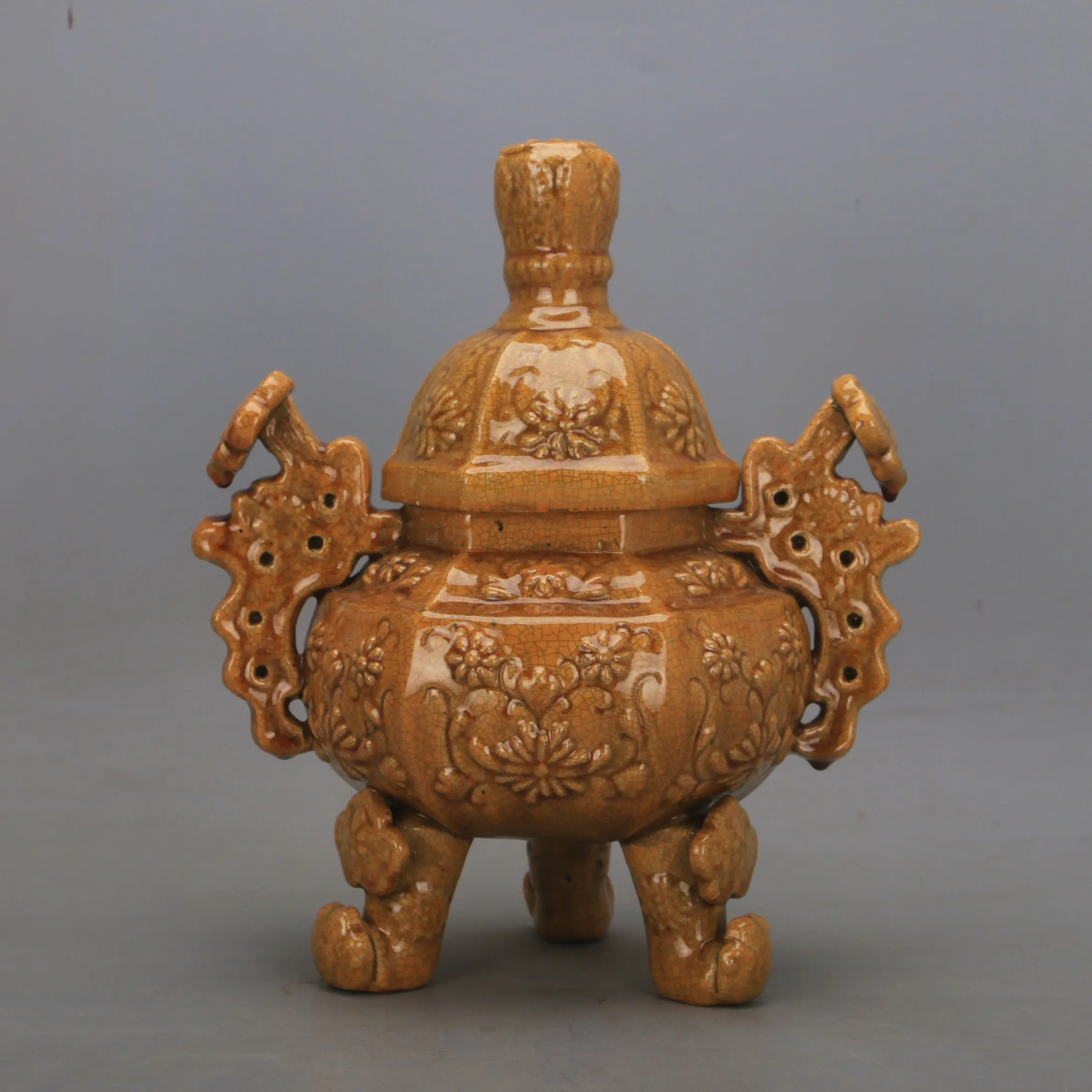 Liao Style Yellow Glaze Crackle Tripod Incense Burner with Lid and Handles Vintage Home Decor