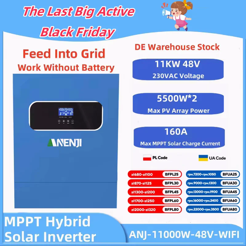 11KW Hybrid Solar Inverter 11000VA 48V Photovoltaic Inverter Built in Dual MPPT 160A On/Off Grid Power Inversor With WIFI RS485