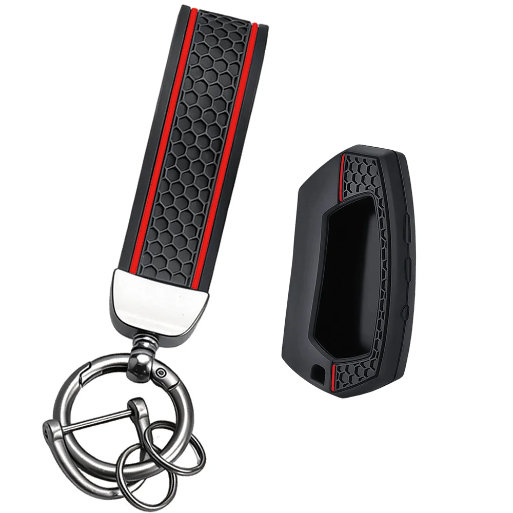 Textured Honeycomb Red Detail Silicone Key Protector With Keychain For Pandora DXL Alarm Remote Control Cover