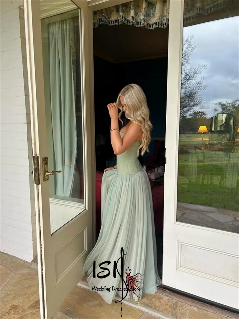 Vestido de Fiesta Personalizado ISI, Verde, Corte en A, Sin Tirantes, Plisado, Largo hasta el Suelo, Vestido de Noche Formal, Vestidos de Fiesta