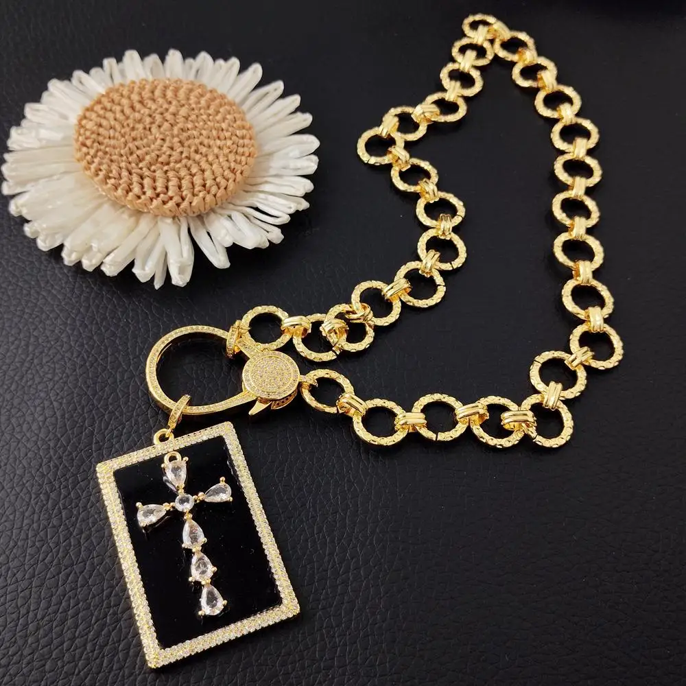 

YYGEM 31x45mm Black Onyx Rectangle Crucifix Pendant Choker Chain Necklace Fashion Jewelry For Lovers