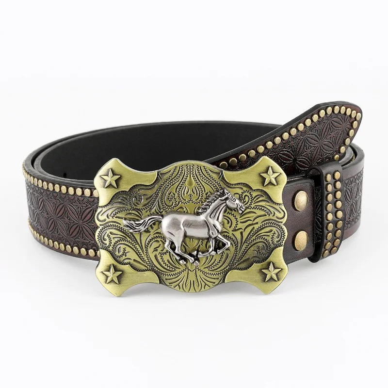 Retro Western Cowboy Belt for Men Large Plate Mouth Punk Embossed Leather Trendy Youth Fashion Accessory Dress Accessories