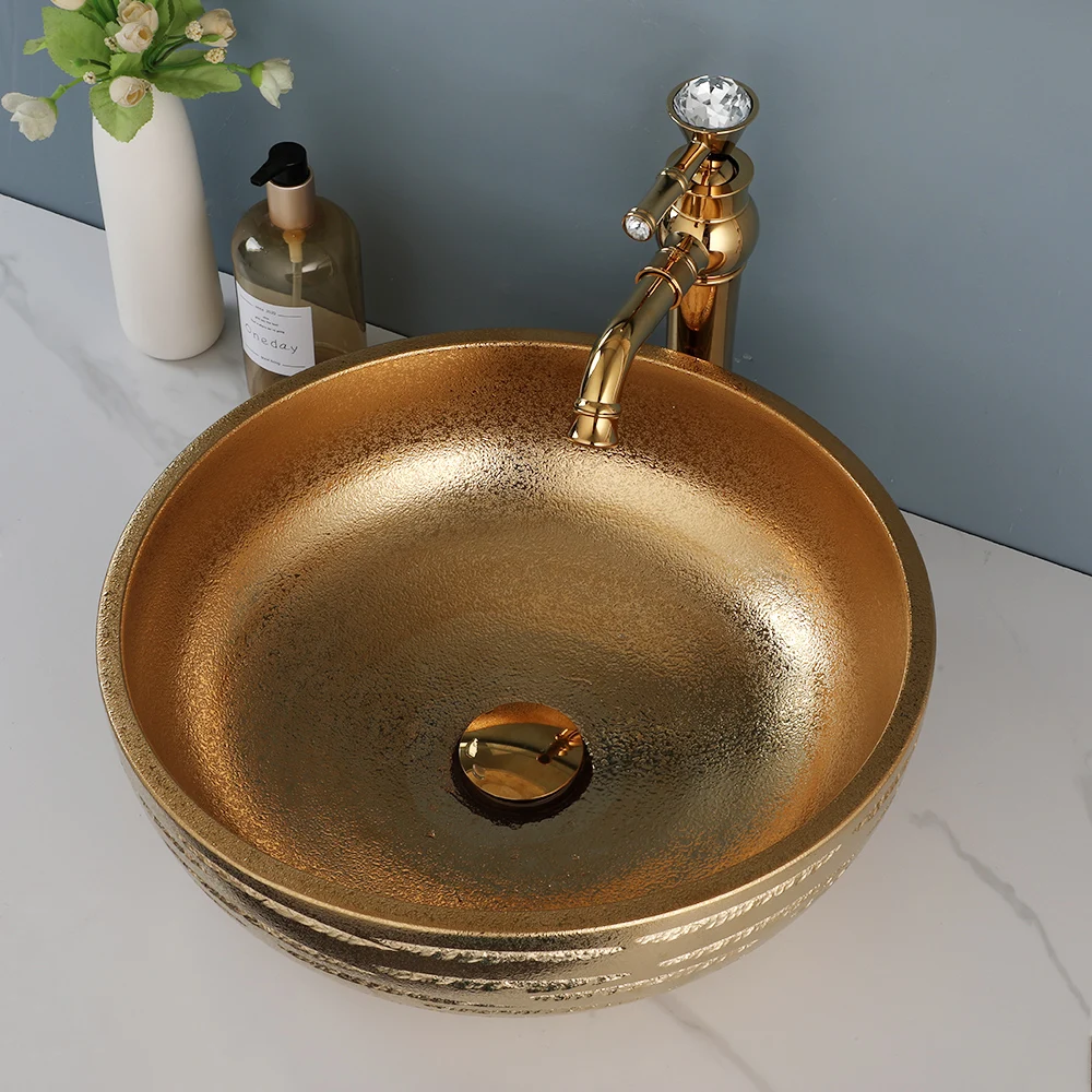 KEMAIDI Bathroom Vessel Sink Faucet Combo Shiny Gold Painted Ceramic Vanity Bowl Round Above Counter Basin for Bar and Cloakroom