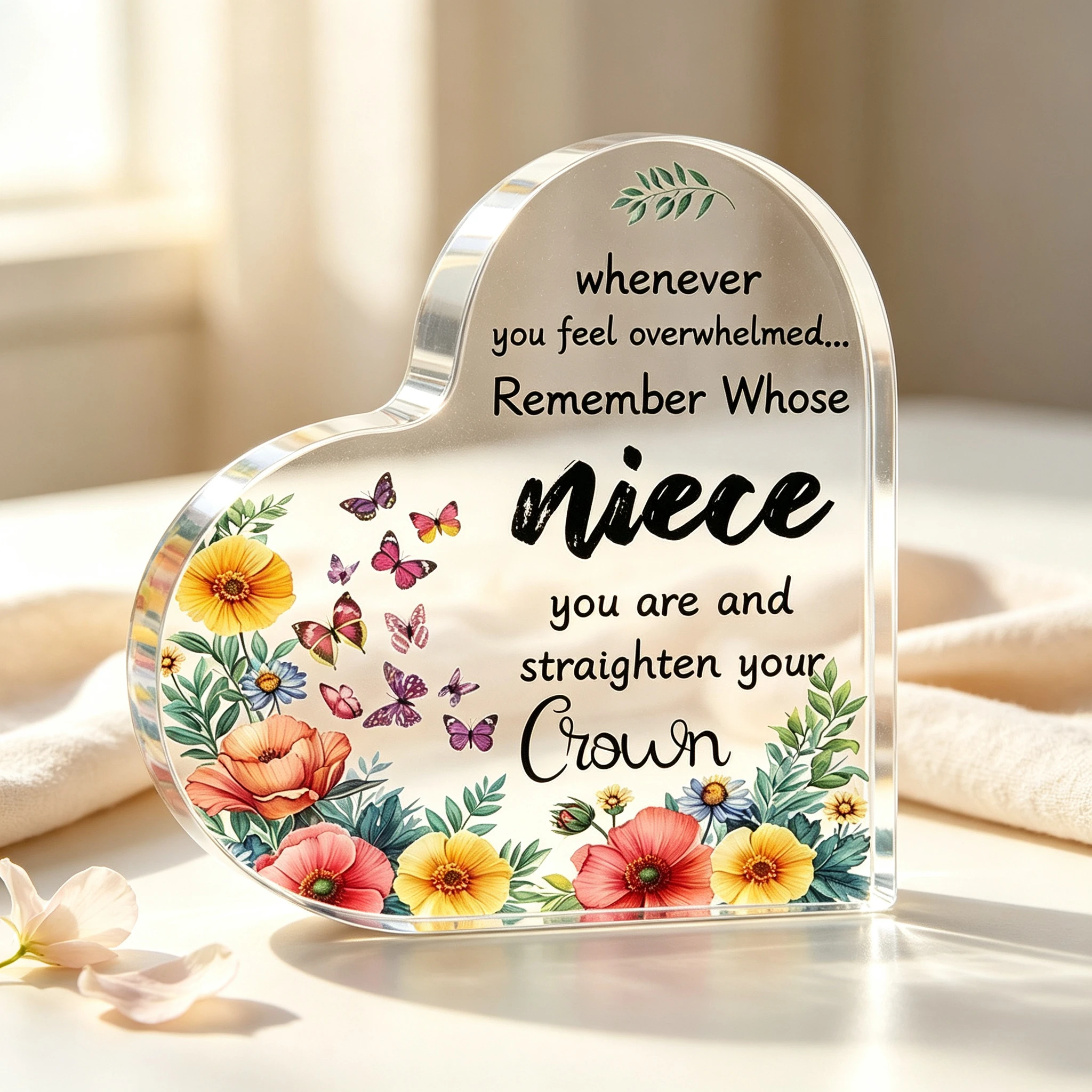 Bright Floral Butterfly Heart‑Shaped Acrylic Plaque, Positive Inspiring Message For Niece Desktop Home Ornament