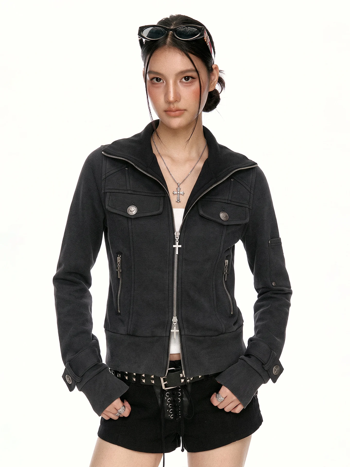 Aaisup American Retro Hot Girl Black Jacket Women's Slimming Versatile Functional Zipper Coat Casual Style Polyester Fiber