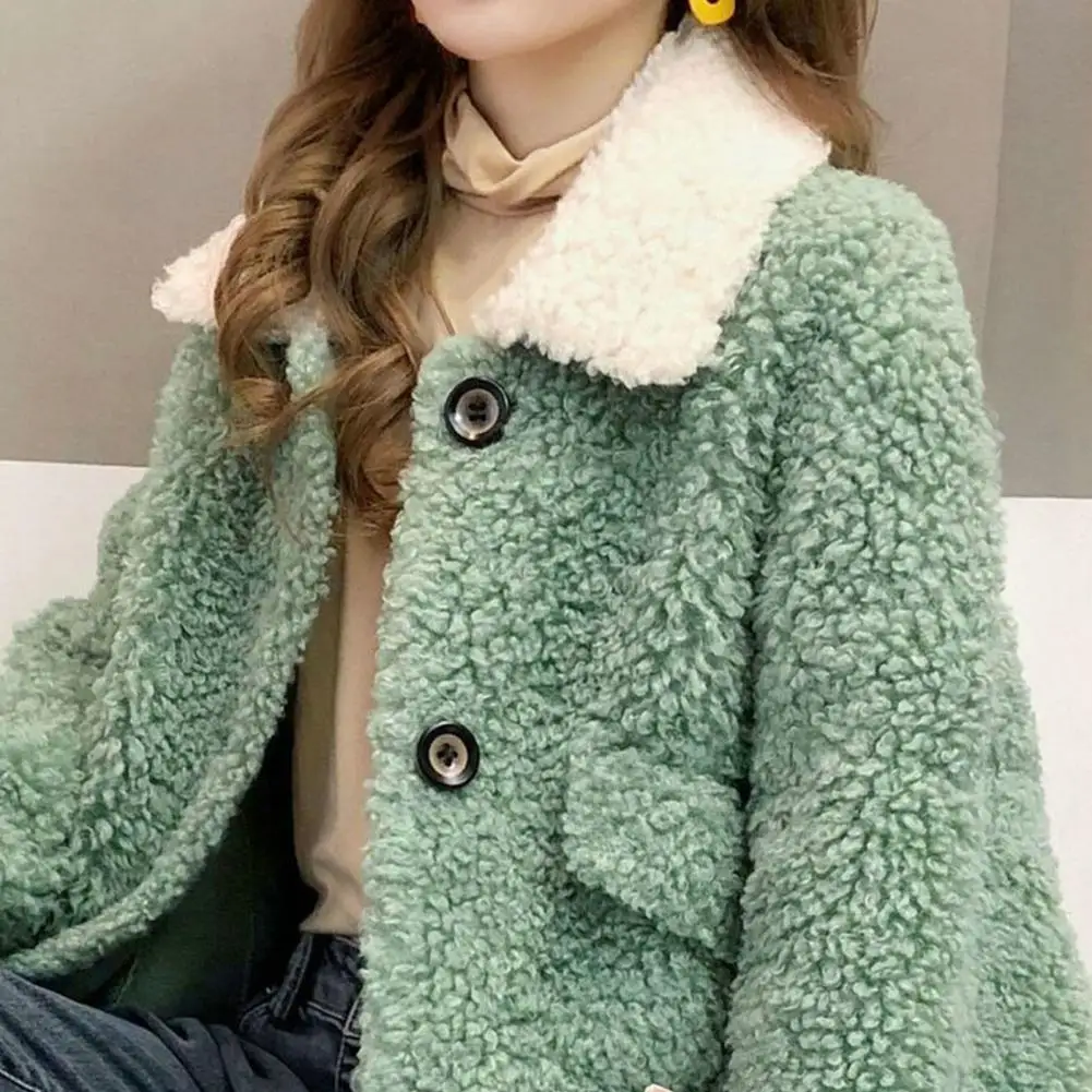 Women Winter Coat Thickened Plush Lapel Single-breasted Loose Faux Woolen Color Matching Long Sleeve Pockets Cardigan Jacket