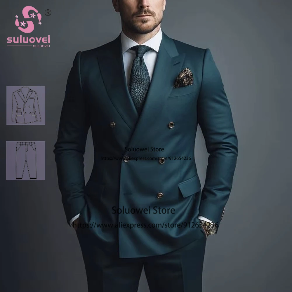 

Fashion Double Breasted Tuxedo Suits For Men Elegant Slim Fit 2 Piece Jacket Pants Set Formal Grooms Wedding Peaked Lapel Blazer