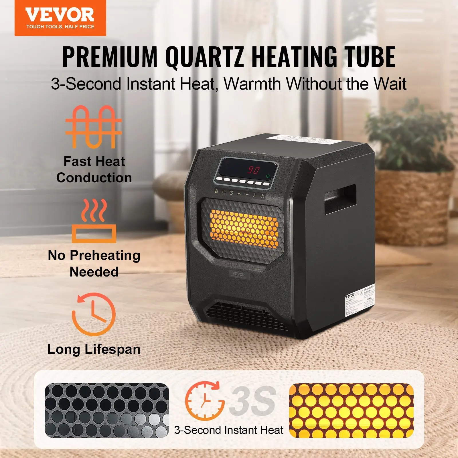 VEVOR Infrared Heater, 1500W Remote Control Electric Space Heater, LED Patio Heater w/ 3 Speeds & Timer & Overheat/Tip-Over Prot