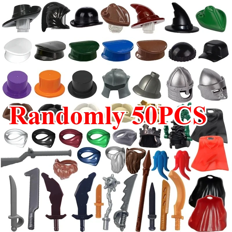 MOC Medieval Knights Building Blocks Solider Figures Accessories Wizard Farmer Craftsman Hat Cloak Mask Fire Spear Sword Bricks view 3