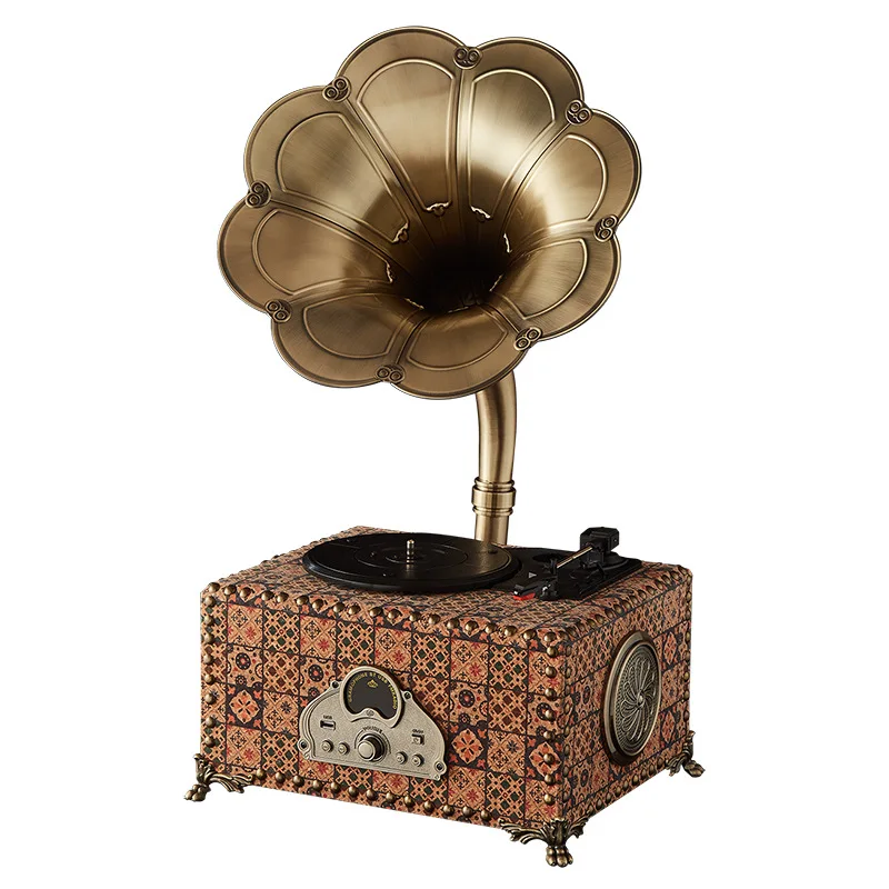 

Retro phonograph vinyl record player home bluetooth stereo desktop copper speaker cork leather material