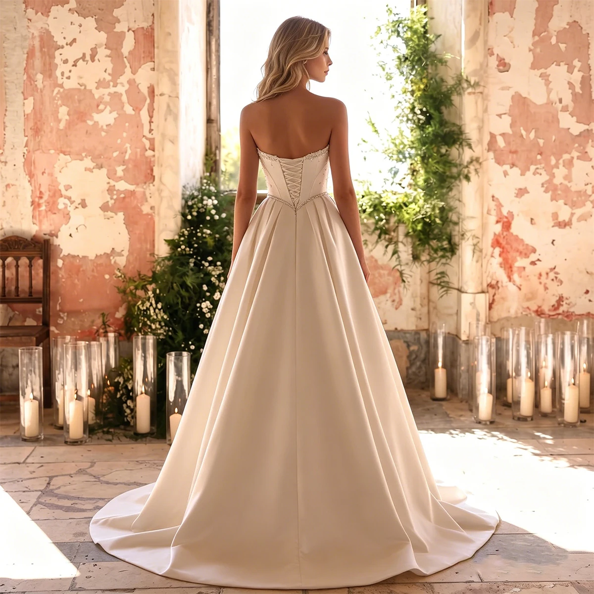 Luxury Beaded Satin Wedding Dress For Women Vestidos Novia Strapless Ball Gown For Bride Pearl Bridal Party Gown With Train