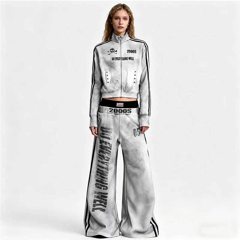 

Autumn Women's Set Gothic Retro Personalized Printed Zipper Cardigan Sweatshirt Low Waist Elastic Waist Pants Y2k Clothing