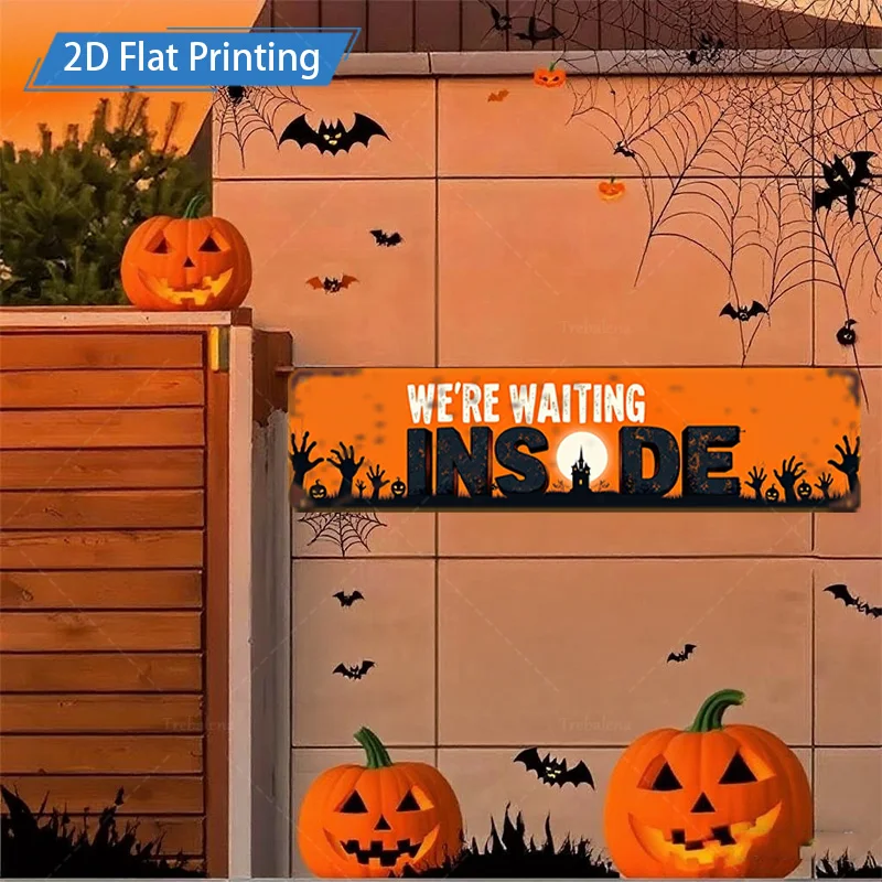 1 قطعة علامة معدنية ، 4x16 بوصة علامة معدنية مطبوعة مسطحة للهالوين: "نحن انتظار من الداخل" ديكور الخفافيش اليقطين المخيف