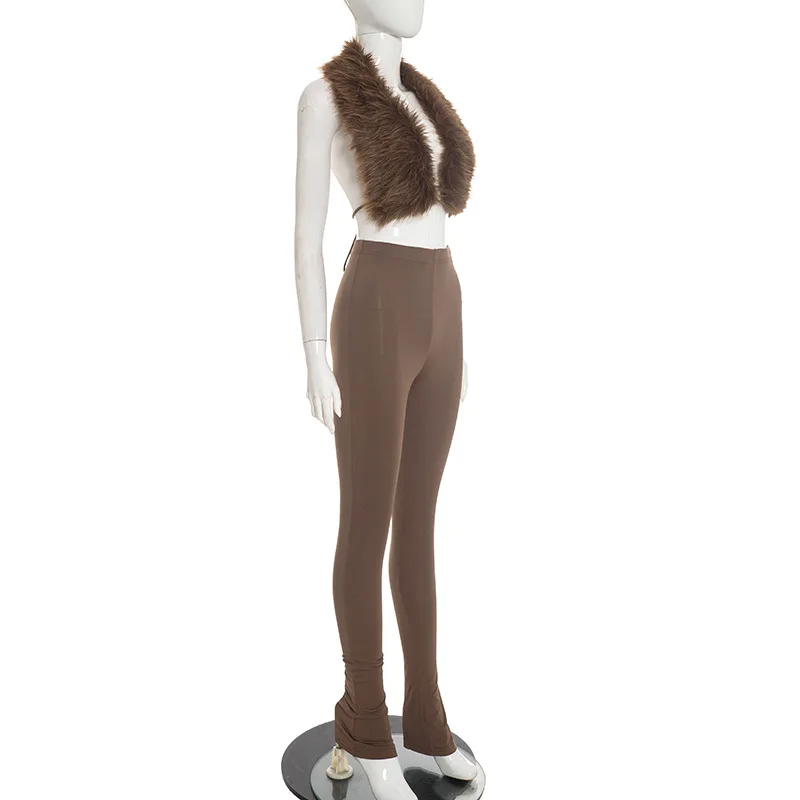 JENYAGE Damen Einfarbiges Weiches Flauschiges 2-Teiliges Outfit, Ärmelloses Crop-Top aus Kunstpelz, Hochgeschnittene Skinny-Leggings, Club-Party-Trainingsanzug – Detail 10