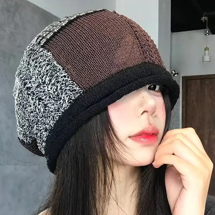 Roll-Edge Patchwork Knit Beanie, Warm Fleece Pull-Over Hat, Relaxed Style, Slimming Winter Hat
