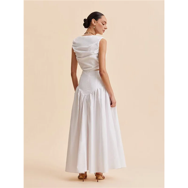 Abrt-feminino estilo francês costura branca abotoada cintura alta maxi saia plissada fluindo maxi saia de cintura alta maxi saia