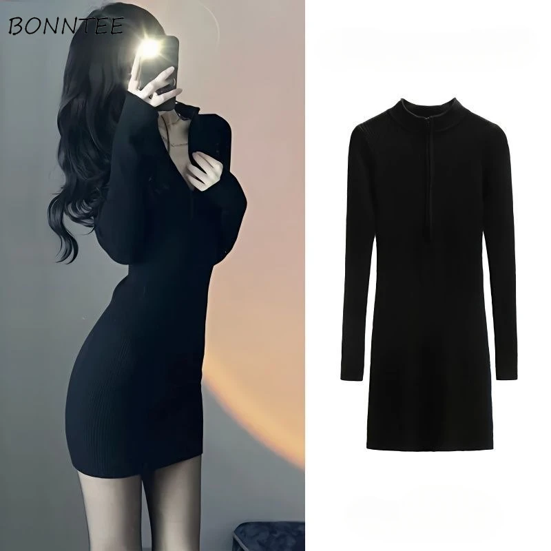 Black Mini Dresses Women Vestidos Slim Sexy Hot Nightclub Zipper Hip Wrap Chic Knitted Autumn Winter Defined Waist Empire Female