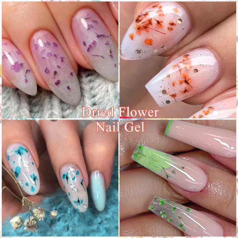 MEET ACROSS Pink Purple Blue Dried Flower Gel Nail Polish Summer Natural Flower Nail Art Painting Soak Off UV LED Gel Varnishes