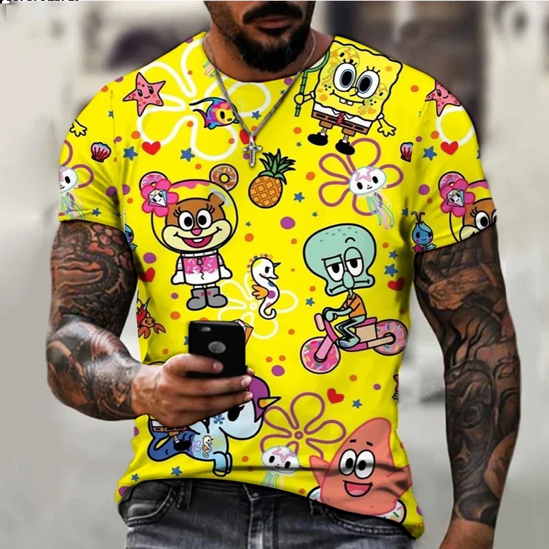 Summer Fashion Casual Children's T-shirt 2024 New Fashion SpongeBob T-shirt Men Cartoon Kids Anime Print Short Sleeve