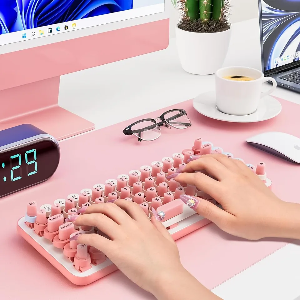 Majeree Lot de 128 autocollants de clavier pour ongles longs avec lettres – Autocollants réutilisables pour clavier de bureau (rose