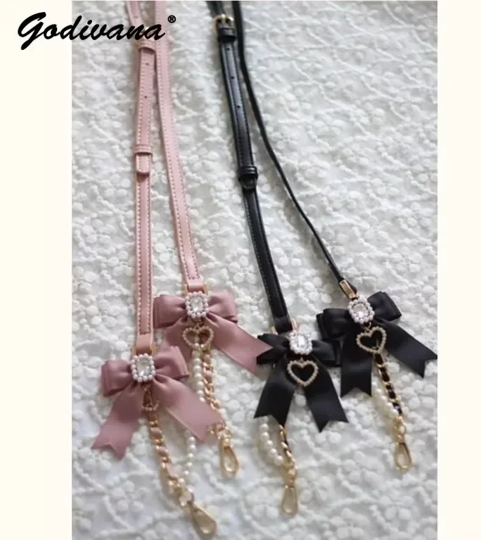 

Handmade Japanese Liz Fashion Adjustable Pu Leather Phone Crossbody Chain Pearl Bow Gem Lovely Bag Chain Cute Bag Accessories