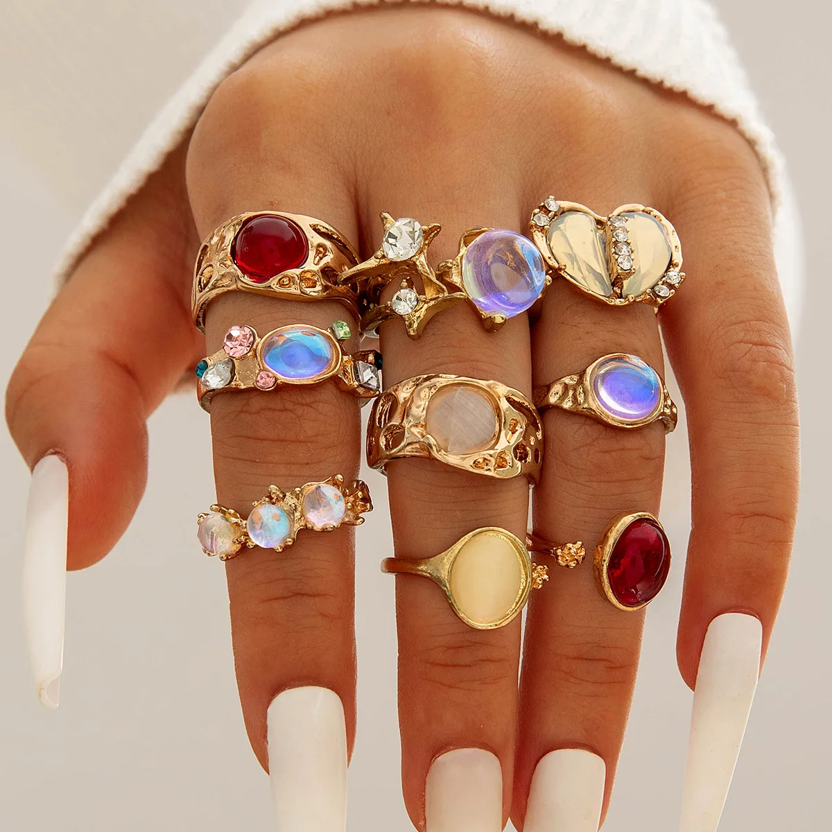 Juego de anillos brillantes con piedra de ojo de gato de cara ancha dorada para mujer, 9 Uds., a la moda, para ocio diario y regalo versátil