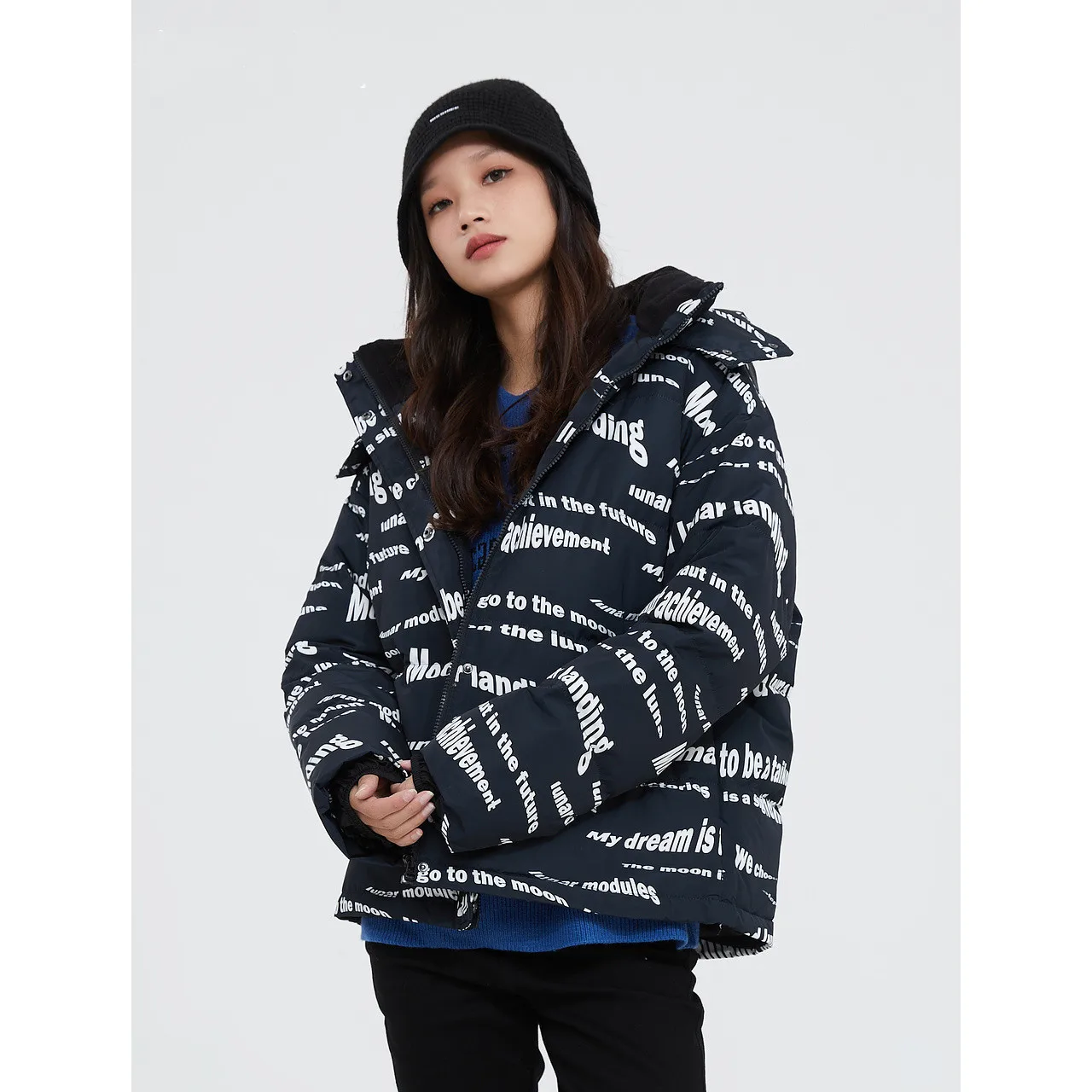 Metersbonwe Women's New Letter Print Down Jackets Loose Winter Hooded Thick Warm Wear Short Youth Casual Outwear