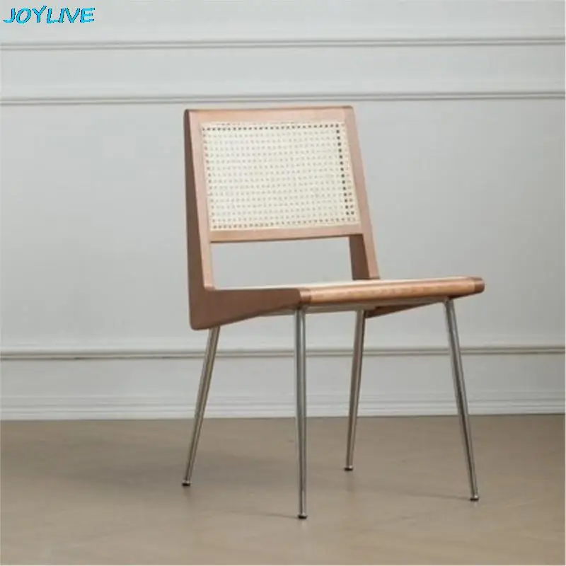 JOYLIVE Rattan Dining Chair Simple Solid Wood Back Chair Log Stainless Steel Chair Japanese Style Warm Living Home Use Furniture