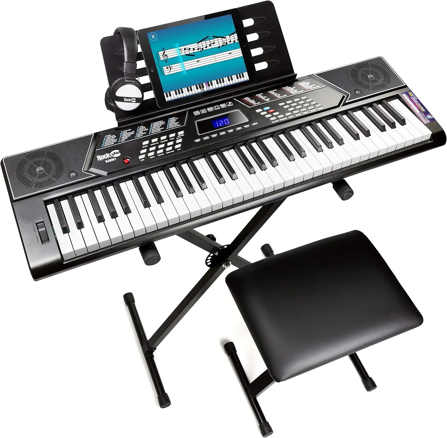 61-Key Piano Keyboard Bundle with Pitch Bend Kit, Keyboard Stand, Piano Bench, Headphones, and Universal Sustain Pedal with Polarity Switch for Electronic Keyboards and Digital Pianos