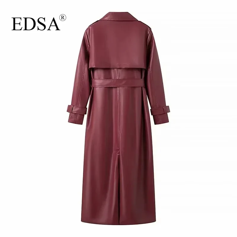 EDSA Women Luxury Faux Leather Jacket Coat with Belt for Autumn Winter Loose Long Windbreaker Trench Vintage Outerwear