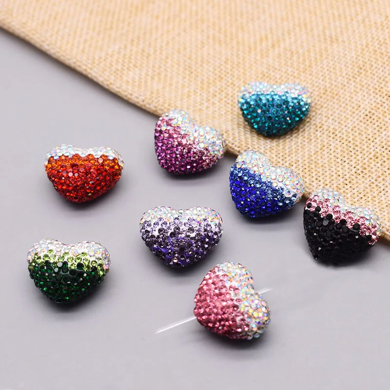 23mm Gradient Color Polymer Clay Heart Beads Rainbow Rhinestone Disco Clay Loose Beads For Jewelry Making Necklace DIY