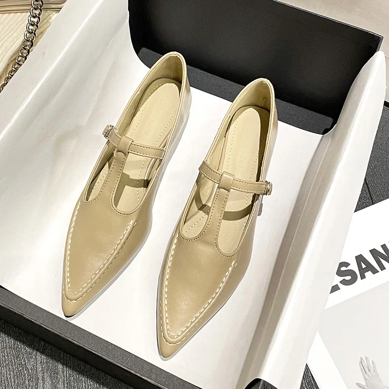 2024 Woman Fashion Pointed Toe Buckle Shoes Apricot Retro Kawaii Solid Female Shoes Flats Casual Shallow Mouth Mary Jane Shoes