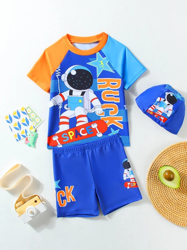 

Boy Kids Swimsuit 2025 New Cartoon Astronaut Short Sleeve Children Swimwear Summer Shorts 3 Piece Beach Bathing Suits Swimming