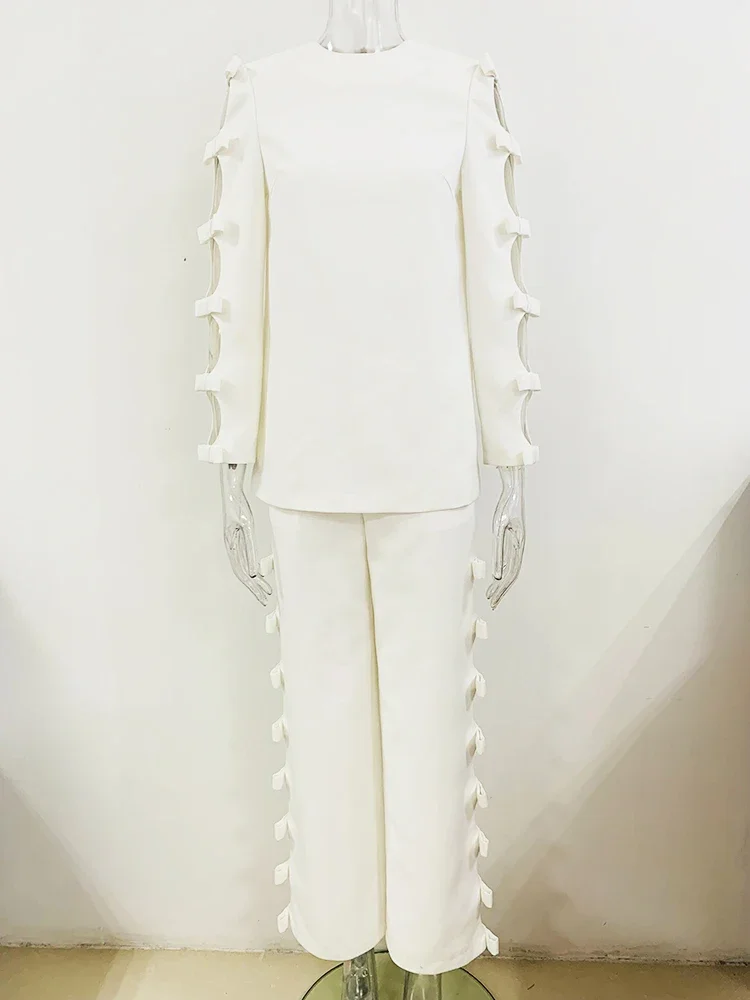 HIGH STREET Newest 2024 SS Designer Runway Suit Set Women\'s Long Sleeve Hollow Out Bow Blouse Tops Wide Leg Pants Set 2pcs