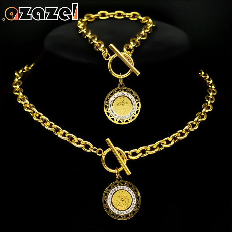 

Christian Crystal Jesus Pendant Jewelry Set Women Vintage Stainless Steel Gold Color Hip Hop Choker Necklace Bracelet Set ZZZ464