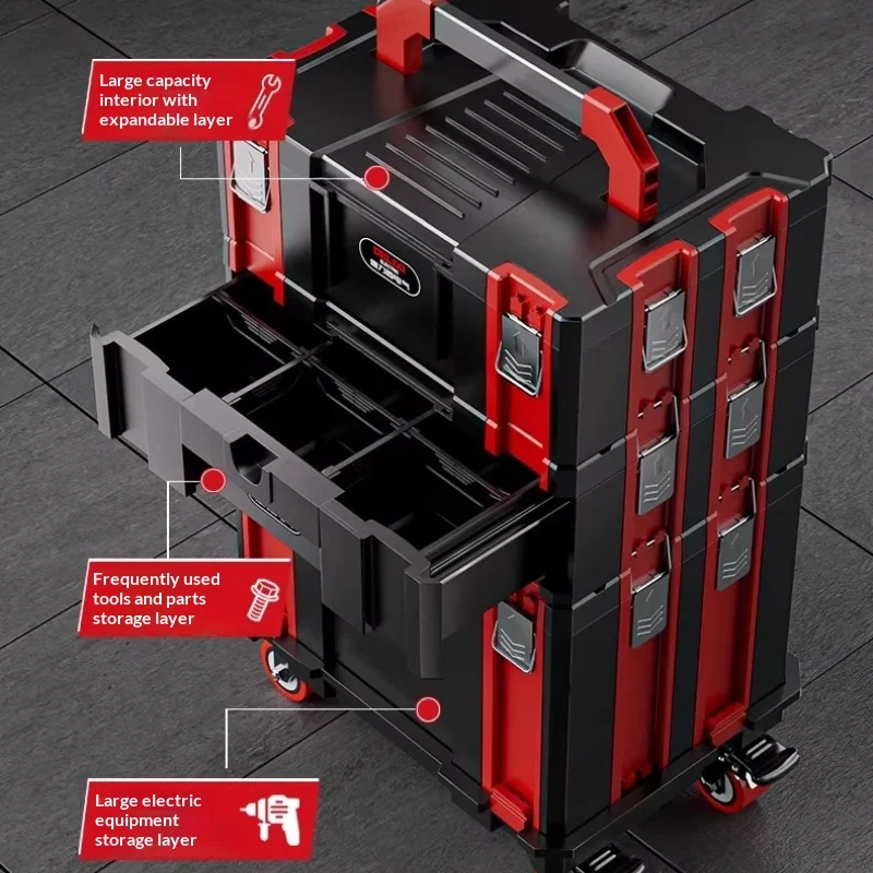 Modular Stackable Tool Case Toolbox Heavy Duty Lockable Metal Toolbox Portable Organizer Garage Auto Home Workshop Tool Chest
