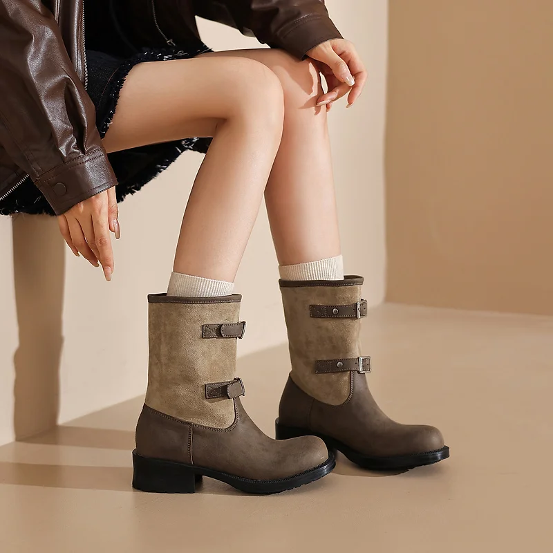 40 41 42 43 Women's Plus Size Footwear Autumn Winter Round Toe New Warm Fleece Lining Patchwork Casual Vintage Mid-calf Boots