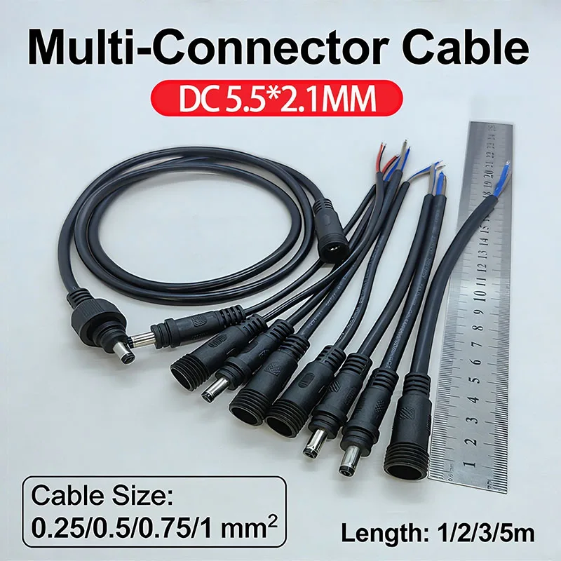 1PC 12V DC Power Plug 55*21mm 2Pin Waterproof Connector Male Female Terminal Butt Joint Monitoring Line 1-5M Extension Cord
